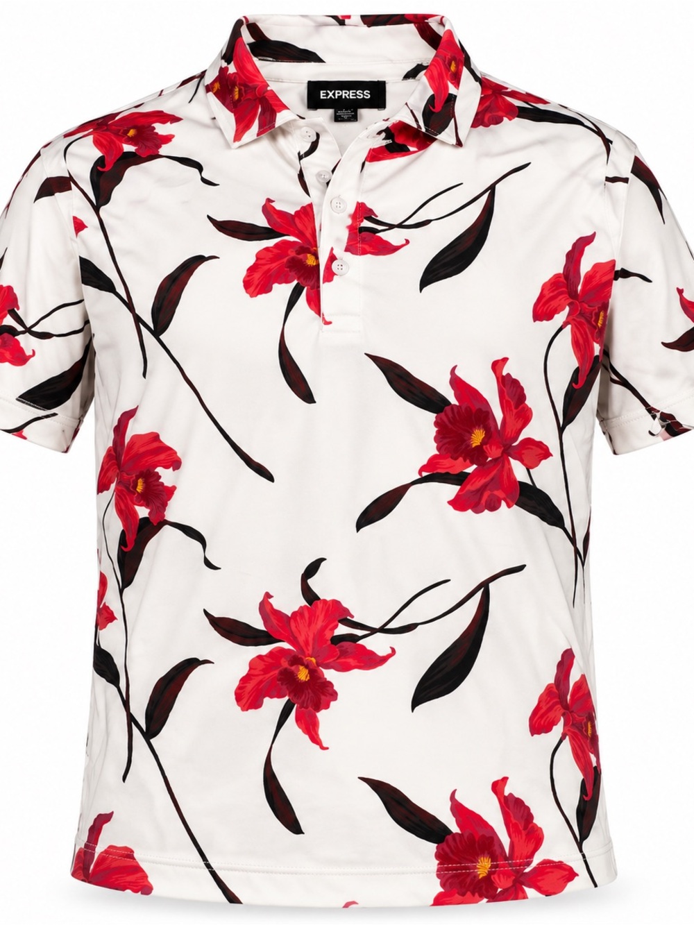 Express Men’s White Polo with Red Floral Motif